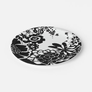 Assiettes En Carton Jardin floral noir et blanc Motif graphique