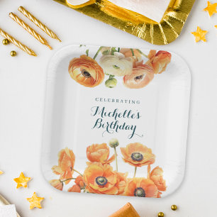 Assiettes En Carton Jardin Orange Rustique Floral Anniversaire Blanc