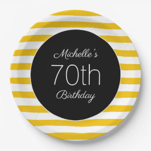 Assiettes En Carton Jaune blanc rayures Noir 70e anniversaire