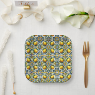 Assiettes En Carton Jaune Bleu Capri Citron Méditerranéen Carreau Mari
