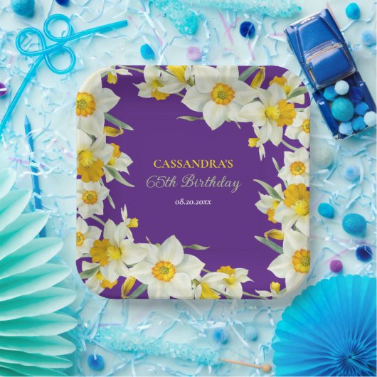 Assiettes En Carton Jaune Chic Blanc Daffodique Floral Purple Annivers (Fête)
