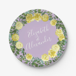 Assiettes En Carton Jaune clair et Lilac Violet Rose Mariage Floral