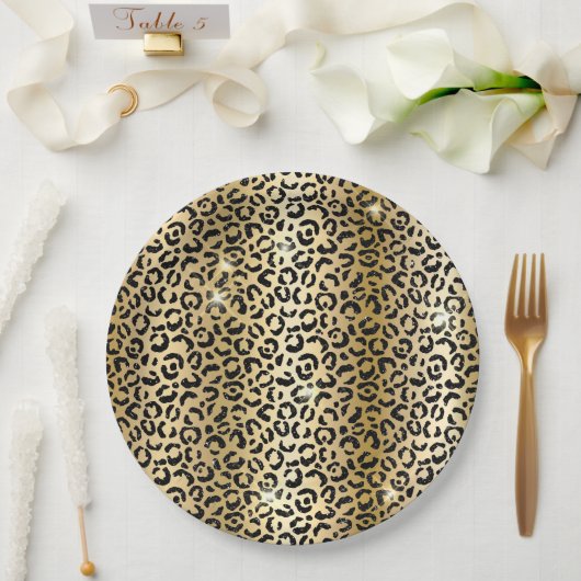 Assiettes En Carton Jaune Glam Parties scintillant noire Leopard (Mariage)