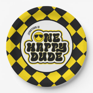Assiettes En Carton Jaune Noir Rétro One Happy Dude 1er Anniversaire
