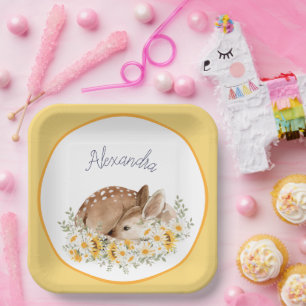 Assiettes En Carton Jaune Notre Petit Cher Cerf, Fleurs De Soleil Mour