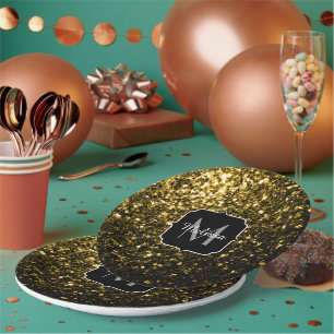 Assiettes En Carton Jaune or foncé faux paillettes scintillent Monogra