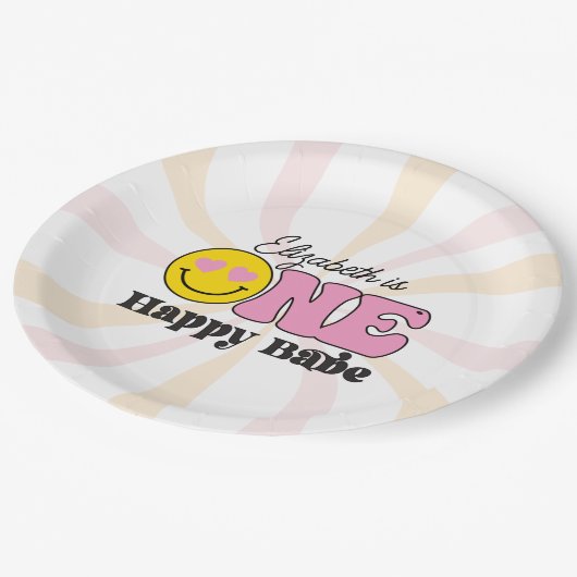 Assiettes En Carton Jaune rose un heureux bébé premier anniversaire (Angle)