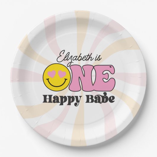 Assiettes En Carton Jaune rose un heureux bébé premier anniversaire (Devant)
