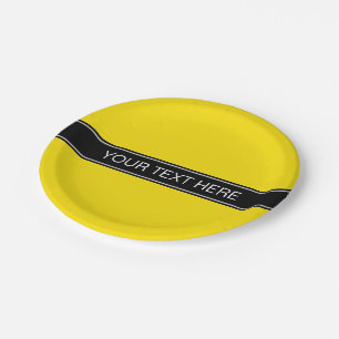 Assiettes En Carton Jaune Uni, Monogramme au Ruban Noir