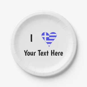 Assiettes En Carton Je (Drapeau Grec Cœur) Votre Texte