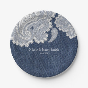 Assiettes En Carton Jean en Denim & Dentelle Blanche Élégant Mariage d