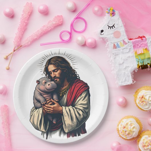 Assiettes En Carton Jésus tenant un bébé Moo Deng Hippo (Fête)
