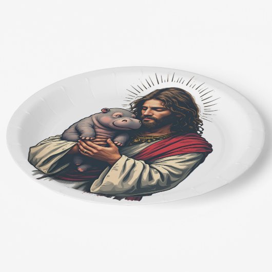 Assiettes En Carton Jésus tenant un bébé Moo Deng Hippo (Angle)