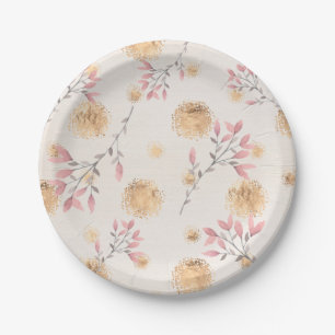 Assiettes En Carton Jets de fleurs roses et points de taches dorées su