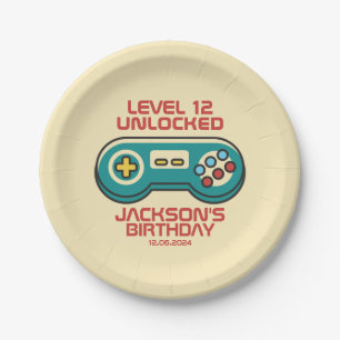 Assiettes En Carton Jeu Jaune Niveau Déverrouillé Jeu Rétro Anniversai
