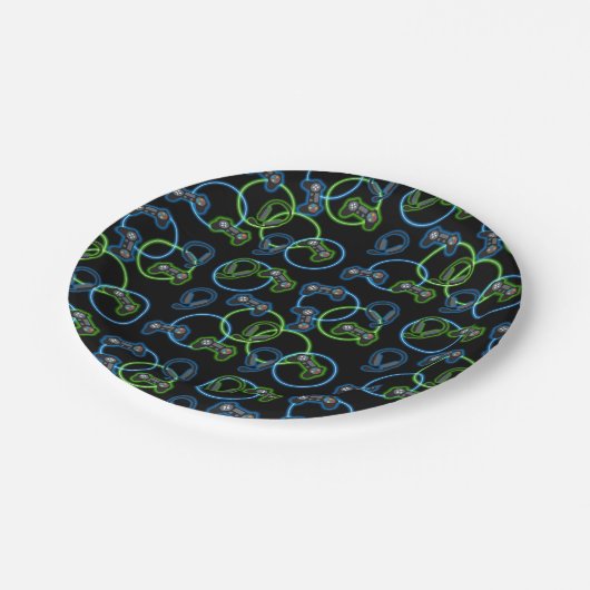 Assiettes En Carton Jeu vidéo Neon Blue & Green Motif (Angle)
