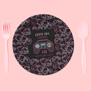 Assiettes En Carton Jeu vidéo Neon Rose Girls Anniversaire