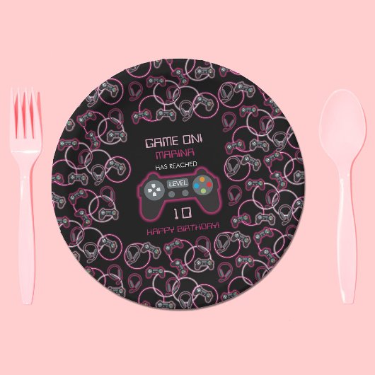 Assiettes En Carton Jeu vidéo Neon Rose Girls Anniversaire