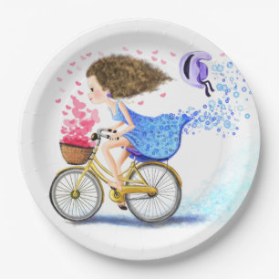 Assiettes En Carton Jeune fille avec plaques de papier à vélo - Amour