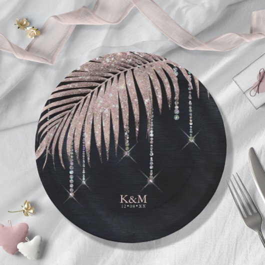 Assiettes En Carton Jewel Palm Leaf Mariage Rose Gold/Nuit ID830