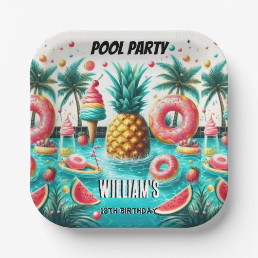 Assiettes En Carton Joignez-vous garçon water blue Cool Pool Party 13e (Recto)