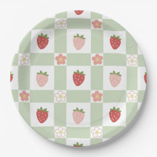 Assiettes En Carton Joli Anniversaire Gingham Fraise Pastel Vert 1 an
