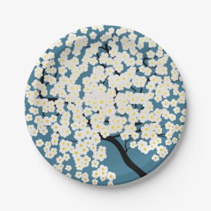 Assiettes En Carton Joli arbre fleuri aux fleurs blanches Art