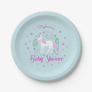 Assiettes En Carton Joli Baby shower Aqua rose Unicorne Personnalisé