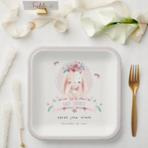 Assiettes En Carton Joli Baby shower de lapin et d'oiseaux rose et élé