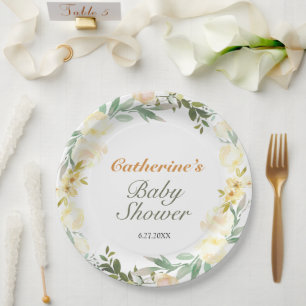 Assiettes En Carton Joli Baby shower floral d'aquarelle jaune