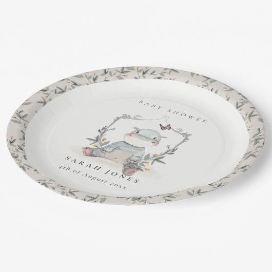 Assiettes En Carton Joli Baby shower Jaune bébé Hippo Foliage (Angle)