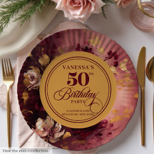 Assiettes En Carton Joli Blush Marron Doré Floral 50e Anniversaire
