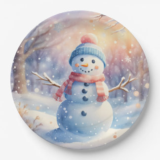 Assiettes En Carton Joli Bonhomme de Neige à l'aquarelle dans un Paysa