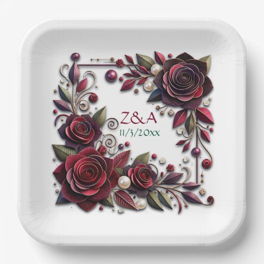 Assiettes En Carton Joli Bourgogne Rose Floral Monogramme (Recto)