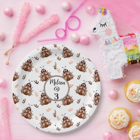 Assiettes En Carton Joli Brown et beige Ladybug et Motif de fleurs (Fête)