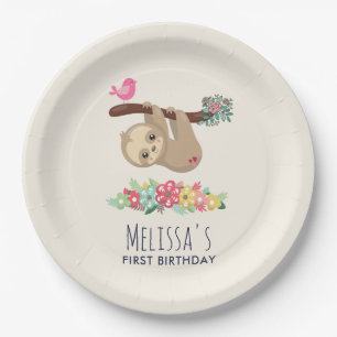Assiettes En Carton Joli Brown Sloth penché à l'envers à l'anniversair