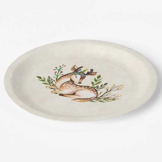 Assiettes En Carton Joli Cerf Aquarellé Posé En Bas Boho (Angle)