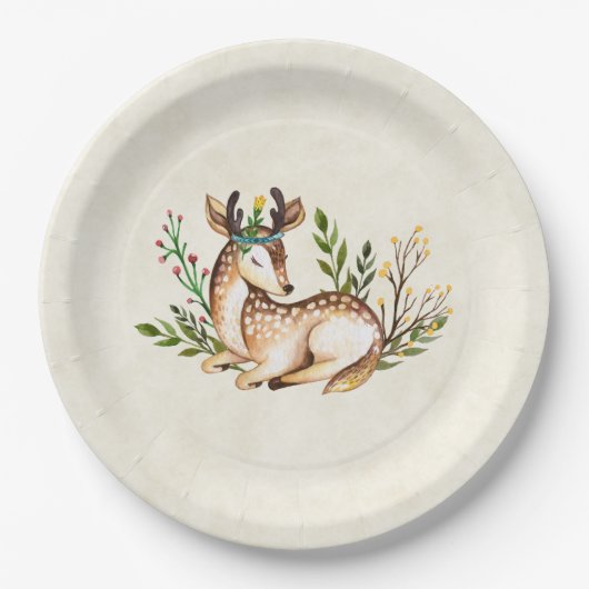 Assiettes En Carton Joli Cerf Aquarellé Posé En Bas Boho (Devant)