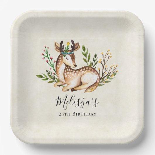 Assiettes En Carton Joli Cerf Aquarellé Pose En Bas Boho Anniversaire (Recto)