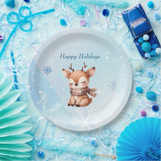 Assiettes En Carton Joli cerf caricaturé en neige (Fête)