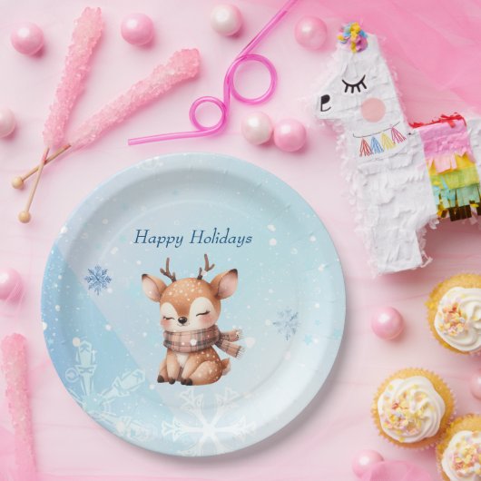Assiettes En Carton Joli cerf caricaturé en neige (Fête)
