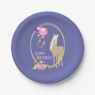Assiettes En Carton Joli Cheval et Fleurs Pink Périwinkle Anniversaire