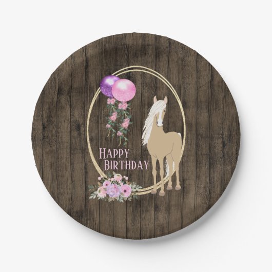 Assiettes En Carton Joli Cheval et Fleurs sur Barnwood Anniversaire (Devant)