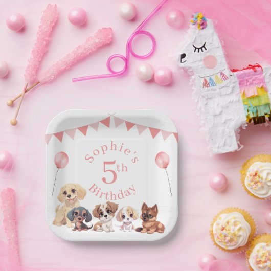 Assiettes En Carton Joli Chien Chien Rose fille Anniversaire (Fête)