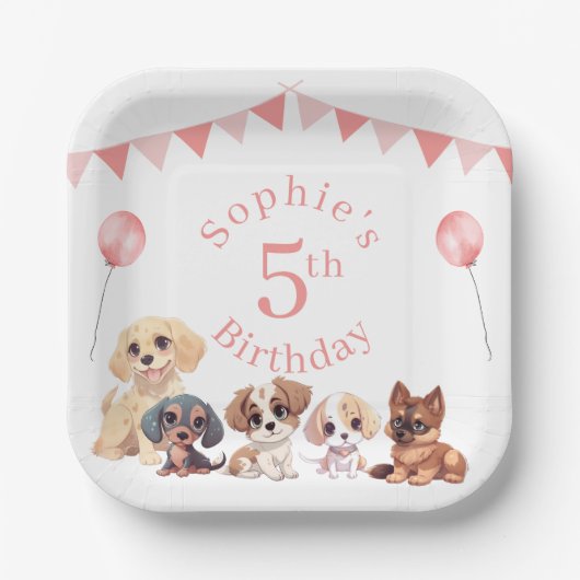 Assiettes En Carton Joli Chien Chien Rose fille Anniversaire (Recto)