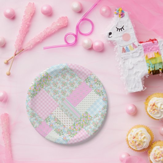 Assiettes En Carton Joli chien rose Rose Faux Patchwork Papier Plaque (Fête)