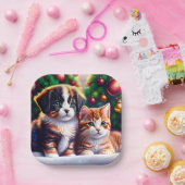Assiettes En Carton Joli chiot et chat sous l'arbre de Noël (Fête)