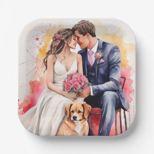Assiettes En Carton Joli couple de mariés à l'aquarelle