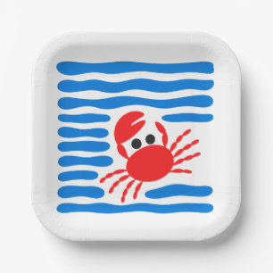 Assiettes En Carton Joli Crabe Rouge & Vagues Bleues Côtières