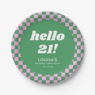 Assiettes En Carton Joli damier rose vert personnalisé 21e anniversair